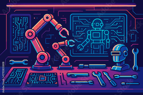 Icon vintage neon negative typography colors no futuristic fusion robotics lab filled