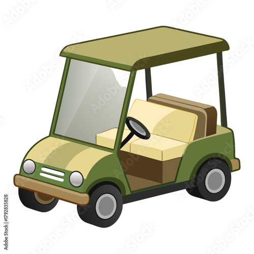 Cartoon-style illustration of a green golf cart isolated on a white background
