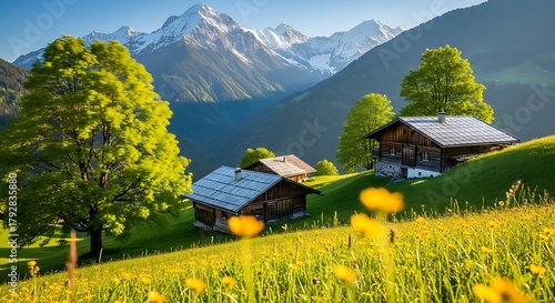 Fototapeta Naklejka Na Ścianę i Meble -  Alpine village with snow capped mountains and green trees