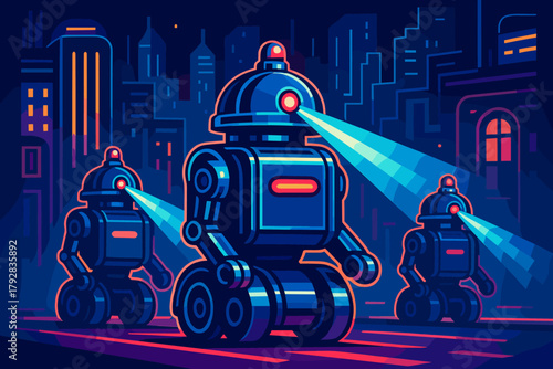 Isolated vector robot flat advanced chrome surfaces neon patrol glowing icon marks