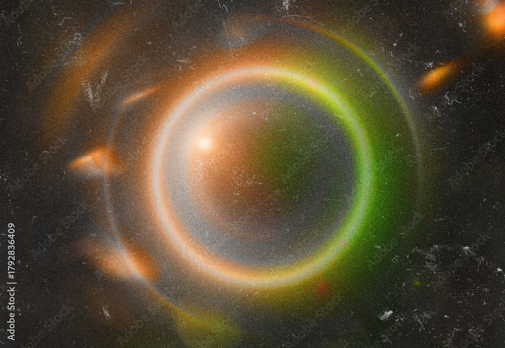 Fototapeta premium Abstract cosmic ring with luminous concentric circles glowing in orange and green amid a starry space background, evoking futuristic energy, exploration, and scientific wonder