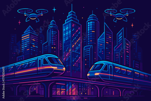 Icon between vector skyline neon above no symmetry glass elevated futuristic isolated
