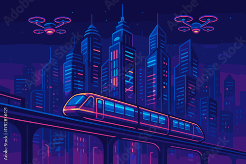 Technology vector punctuation skyline hovering neon labels icon style futuristic no trains