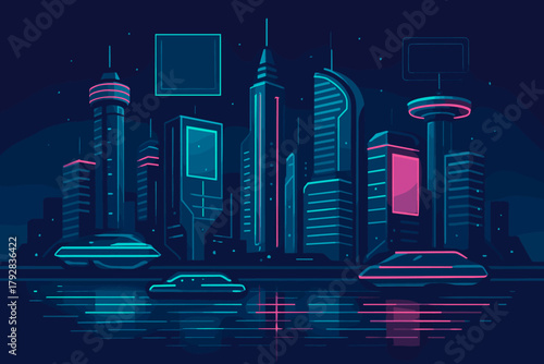 Punctuation vector art style fusion icon geometric skyline surfaces neon technology reflections