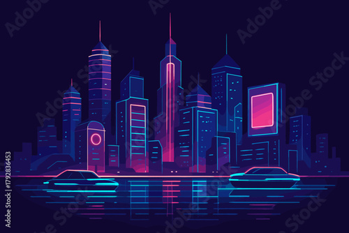 No reflected cyrillic skyline neon technology vintage flat shapes reflections vector icon