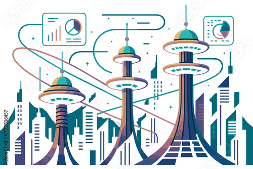 Paths aesthetics skyline futuristic aerial negative vector geometric no icon balconies punctuation