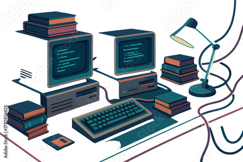 Hardware metallic computers vector illustration vintage futuristic balanced boards no icon retro