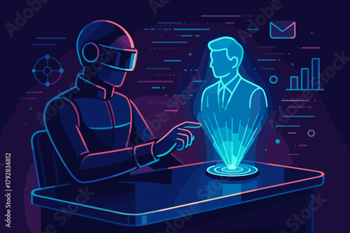 Flat scene futuristic neon user negative text chinese holographic vector communication no