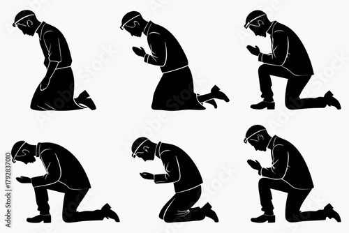 Praying Muslim Silhouette Vector – Man in Salah Pose, Islamic Worship Illustration Isolated on White