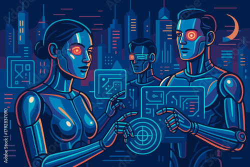 Cybernetic neon eyes negative metallic vector typography cityscape fusion glowing icon text