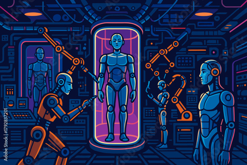 No laboratory assistants vector cybernetic speech vintage under neon technology icon scene