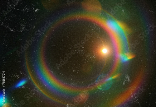 Konstfotografi Abstract cosmic scene featuring a vibrant rainbow halo around a radiant star in