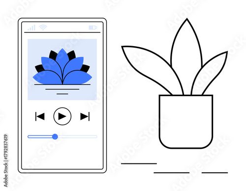 Smartphone music player featuring a lotus-inspired design playing music, paired with a line-art potted plant sketch. Ideal for technology, relaxation, music, mindfulness, apps, minimalism, wellness