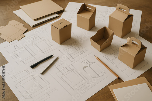 Creative carton packaging design with structural drawings mockups and paperboard prototypes for manufacturing production and branding concept presentation