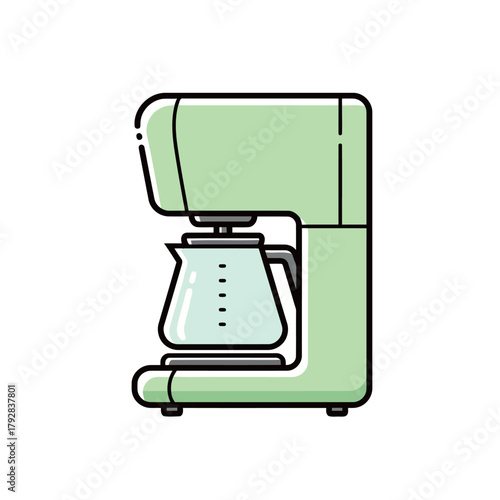 Isolated flat line style icon of a modern electric drip coffee maker in light green color with a glass carafe, perfect for kitchen appliances, morning routine, and brewing concepts