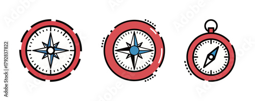 Set of three flat line style compass icons: classic magnetic compass, round compass rose, and pocket compass with needle, symbolizing navigation, direction, travel, and adventure