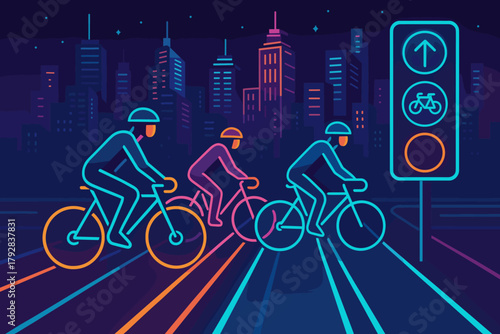 Typography lanes icon bicycle punctuation neon skyscrapers traffic no lights vector letters