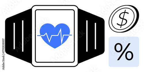 Fitness band with heart icon and pulse line on screen, dollar sign, and percentage symbol. Ideal for health monitoring, fitness tech, wearable devices, cost analysis, healthcare, budgeting