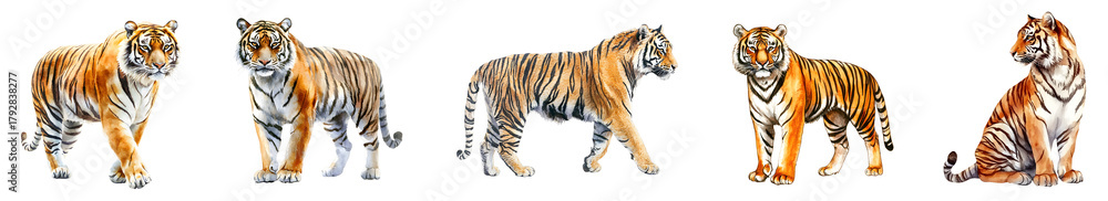 Naklejka premium Watercolor tiger illustrations on transparent background 