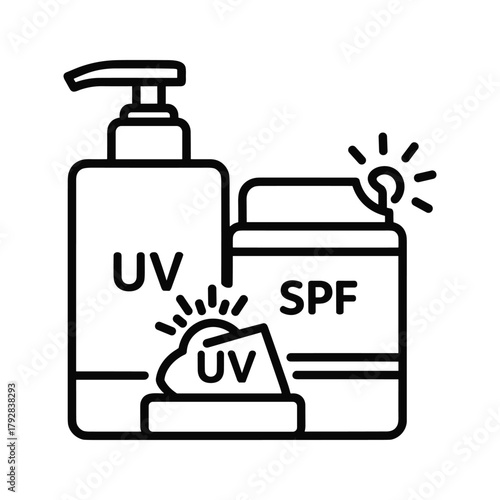 Sunscreen bottles with uv and spf labels, sun protection concept