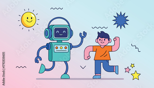 Friendly Robot and Child Dancing Together: Cute Characters Representing Future Technology and Childhood Fun, Vibrant Vector Illustration 