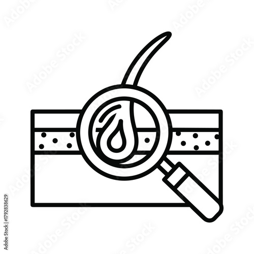 Magnifying glass examining skin layer with hair follicle and oil droplet