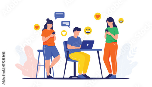 Modern Social Networking and Digital Content Creation: Group Interaction with Emojis and Chat Bubbles, High-Quality Vector Graphic 