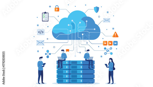 Cloud Computing and Data Management: Team Working on Server Stacks Under a Digital Cloud, Comprehensive Vector Illustration for IT Concepts 