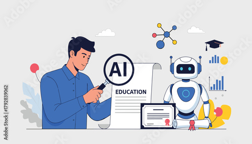 Artificial Intelligence in Academia: Researcher and Robot Companion Analyzing Educational Concepts, Modern Vector Graphic 