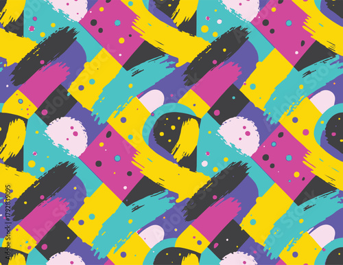 A vivid abstract pattern featuring neon brush strokes, geometric diamonds, and playful dots. Perfect for bold branding, backgrounds, or textiles needing energetic