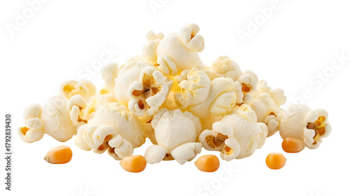 Pile of Fluffy Golden Popcorn on Transparent Background with Scattered Unpopped Kernels Studio Shot