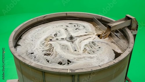 Industrial tank stirring with rotating impeller, liquid mixing in a circular vessel on green