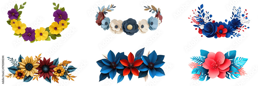 Fototapeta premium Paper flower sets on transparent background