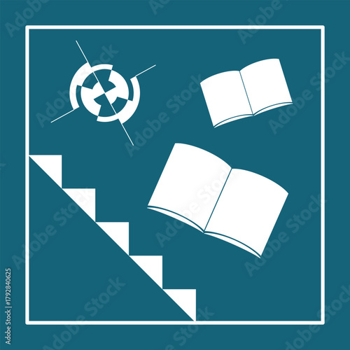 An abstract image of two books, a compass, and a staircase symbolizes improving education moving toward a better future.