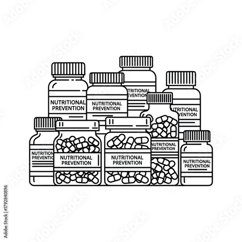 Collection of nutritional supplement bottles and capsules