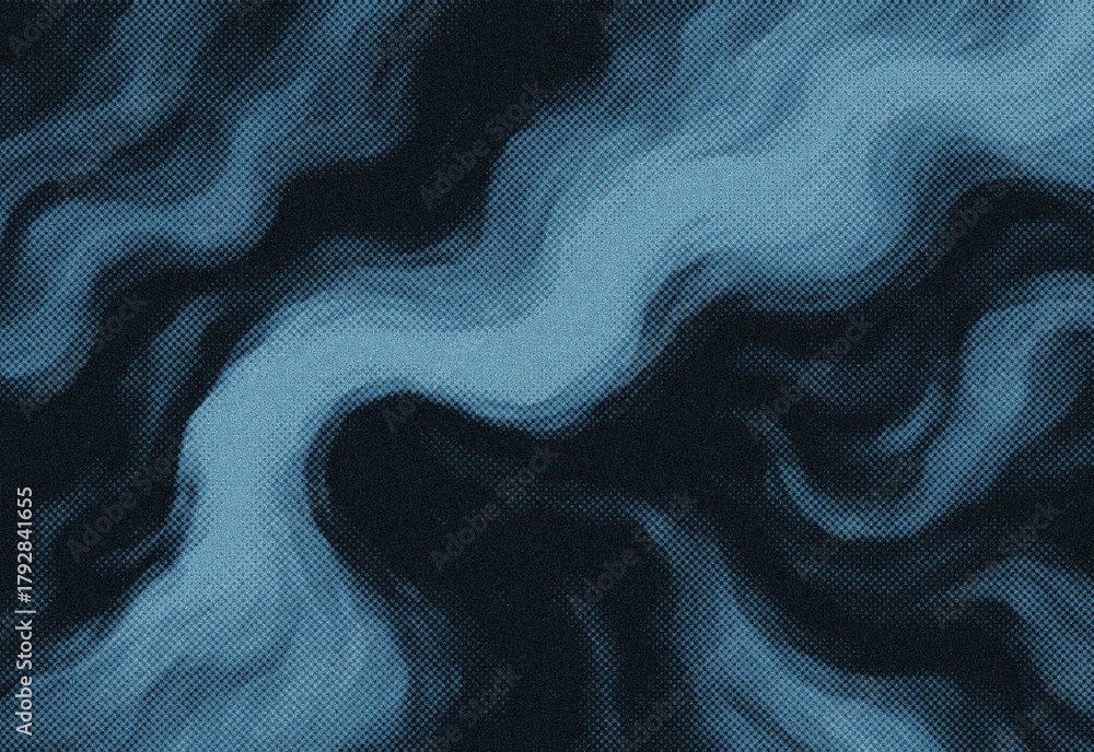 Naklejka premium Abstract blue fabric texture with flowing wave patterns and grainy surface featuring deep navy to cyan gradient for dramatic movement, perfect as design background and wallpaper