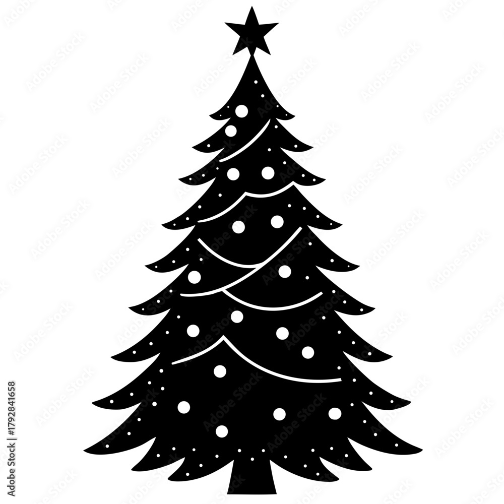 Obraz premium Black christmas tree with star and white ornaments on transparent background