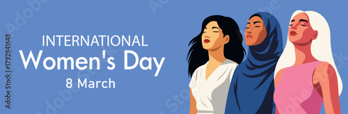 March 8, Women's Day. Vector Women of different cultures, nationalities stand together, looking up against a blue background. Feminism. For women's projects, gender equality, women's empowerment
