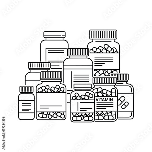 Collection of vitamin and medicine bottles, health supplement containers