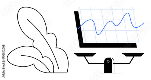 Green leaves beside a balanced scale and graph highlight harmony between nature and data-driven decisions. Ideal for sustainability, analytics, environment, growth, balance, decision-making