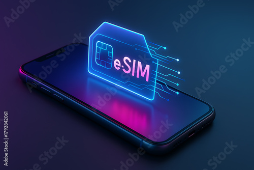 Mobile device with glowing eSIM hologram card representing digital telecommunication network futuristic innovation and wireless smartphone connectivity technology