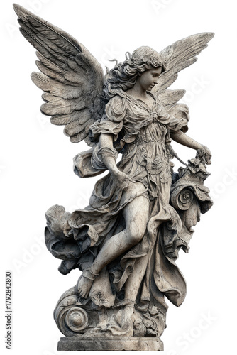 Elegant weathered stone angel statue with large wings, gazing down, holding flowers and fabric