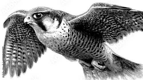 Sketchy vecter illustration of monochrome image of a falcon with its wings spread wide against a white background in a studio shot silhouette