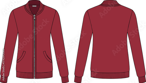 Red zip up jacket front and back view, casual outerwear fashion, ribbed collar cuffs waistband, apparel design illustration, cad drawing flat vector