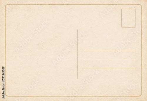 Vintage postcard template with blank back side, creamy paper and subtle aging, address lines on the right, stamp box in corner, ideal for scrapbooking and retro stationery