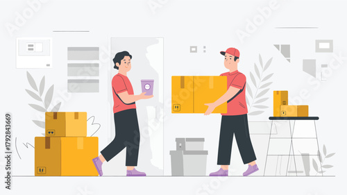 Two men carrying yellow boxes and a purple cup delivery