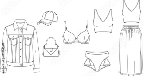 Women fashion line art set, clothing and accessories vector, denim jacket, bra and panties, crop tops, skirt, handbag, cap, flavector