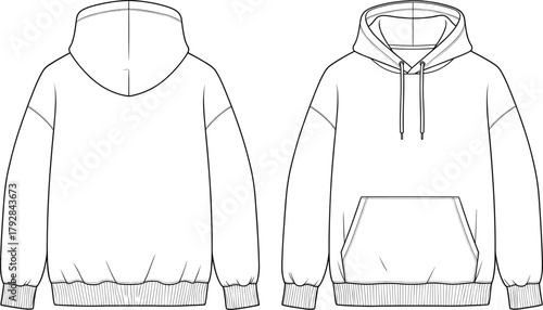 Technical hoodie flat sketch, front and back views, vector sweatshirt design, drawstring hood, kangaroo pocket, ribbed cuffs and hem, flavector