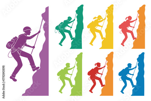 set of Mountain climber silhouette isolated on white background