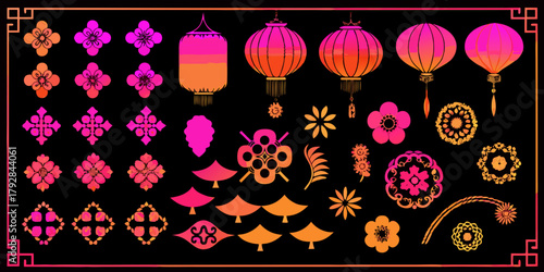 Collection of traditional chinese decorative elements featuring lanterns flowers and ornate patterns in gradient colors